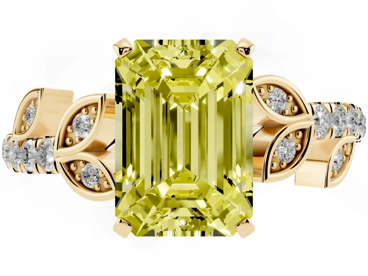 Fancy Yellow Emerald Cut Solitaire Leaf-Inspired Diamond Ring with Pavé Band and Four-Prong Setting Yellow gold