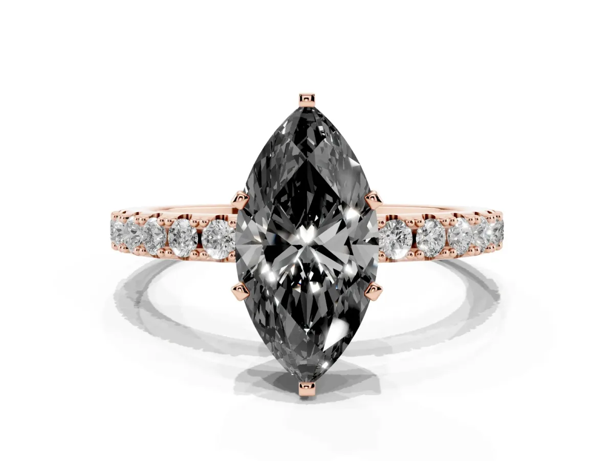Fancy Black Marquise Cut Diamond Solitaire Pavé Band with Four-Prong Setting Rose gold