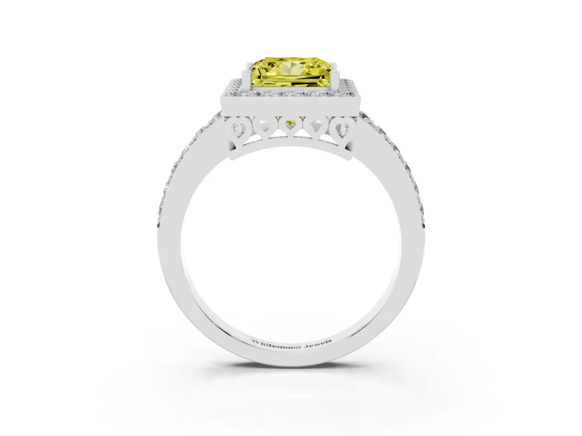 Fancy Yellow Princess Cut Halo Diamond Pavé Band Ring with Prong Setting Silver