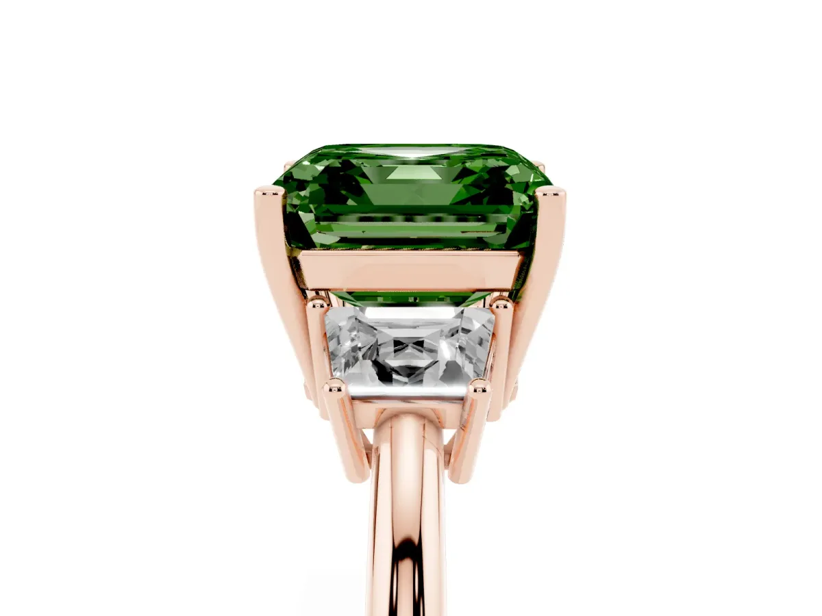 Fancy Green Asscher Cut Diamond Three-Stone Ring with Trapezoid Side Stones and Prong Setting Rose gold