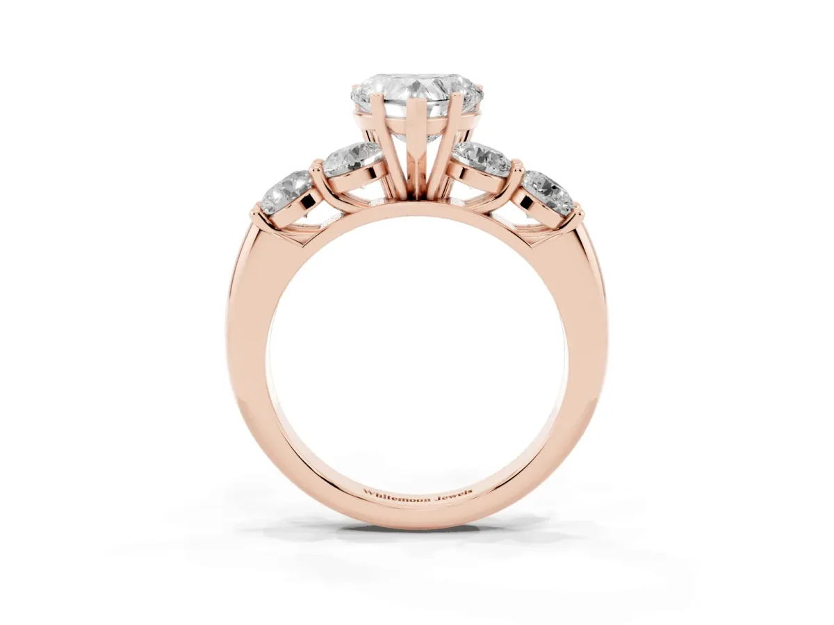 Heart Cut Cut Five-Stone Prong Set Diamond Ring with Classic Band Rose gold