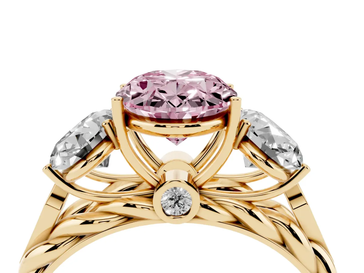 Fancy Pink Three-Stone Oval Cut Diamond Braided Band Ring with Four-Prong Setting Yellow gold