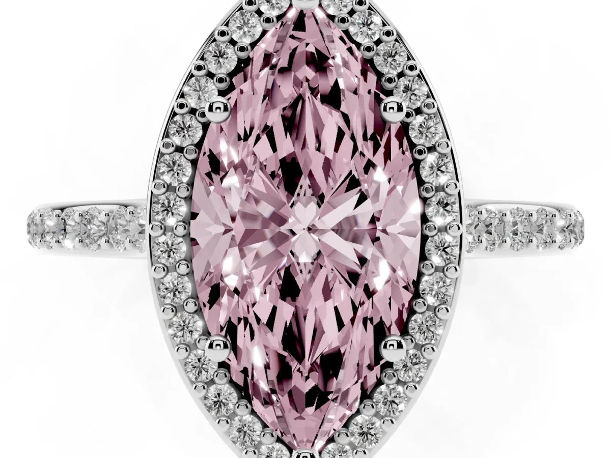 Fancy Pink Marquise Cut Diamond Halo Engagement Ring with Round Pavé Shoulders and Prong Setting Silver