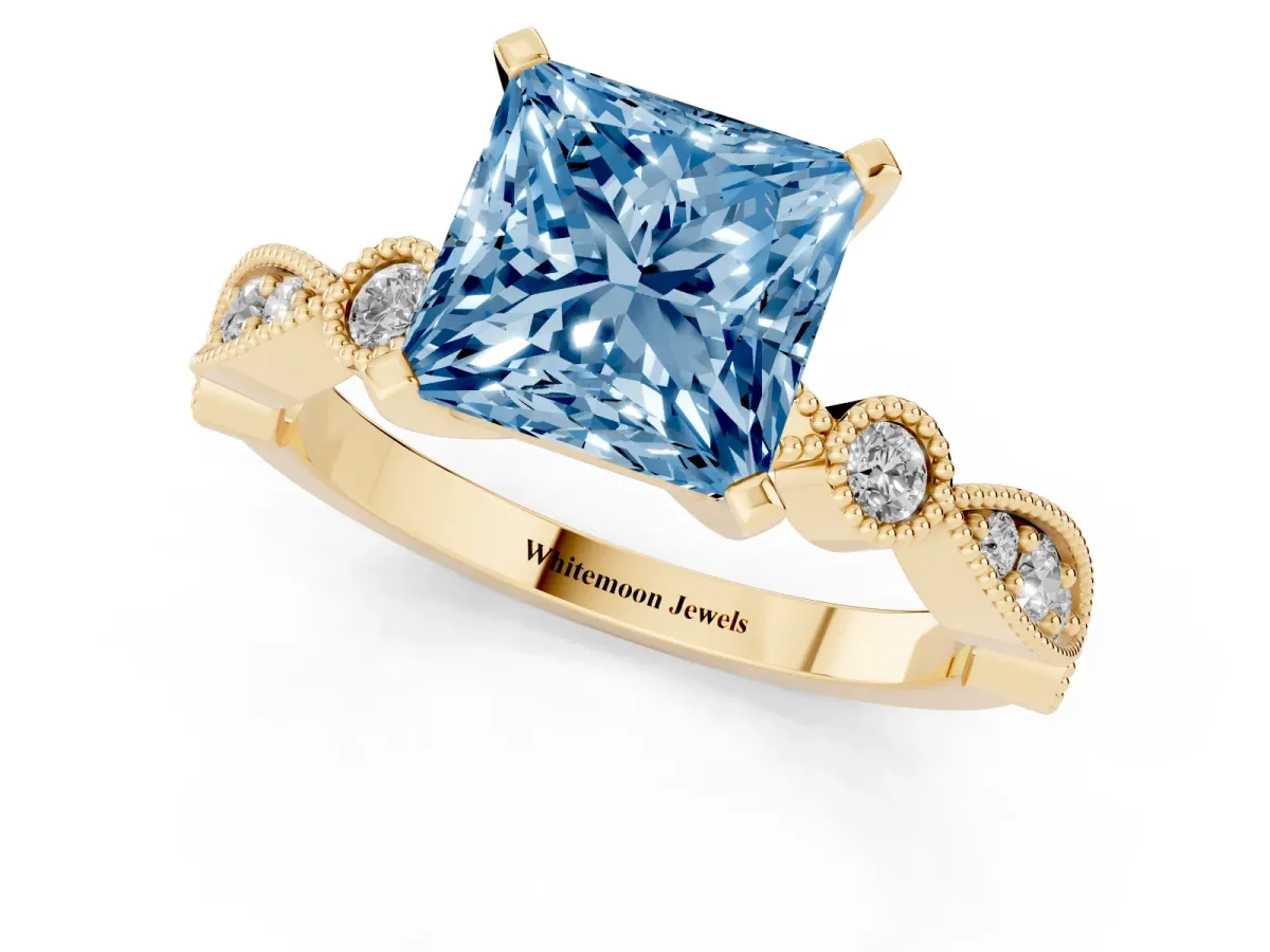 Fancy Blue Princess Cut Milgrain Bezel Diamond Engagement Ring with Solitaire Prong Setting Yellow gold