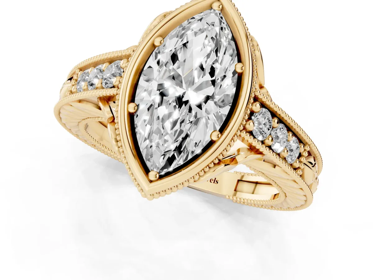 Bezel Set Marquise Cut Diamond Milgrain Pave Engagement Ring Yellow gold