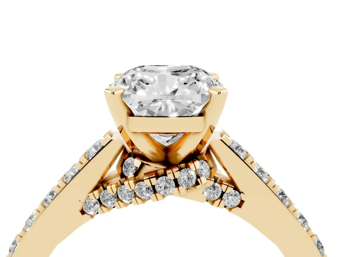 Cushion Cut Diamond Solitaire Ring with Crossover Gallery and Round Pavé Band Yellow gold