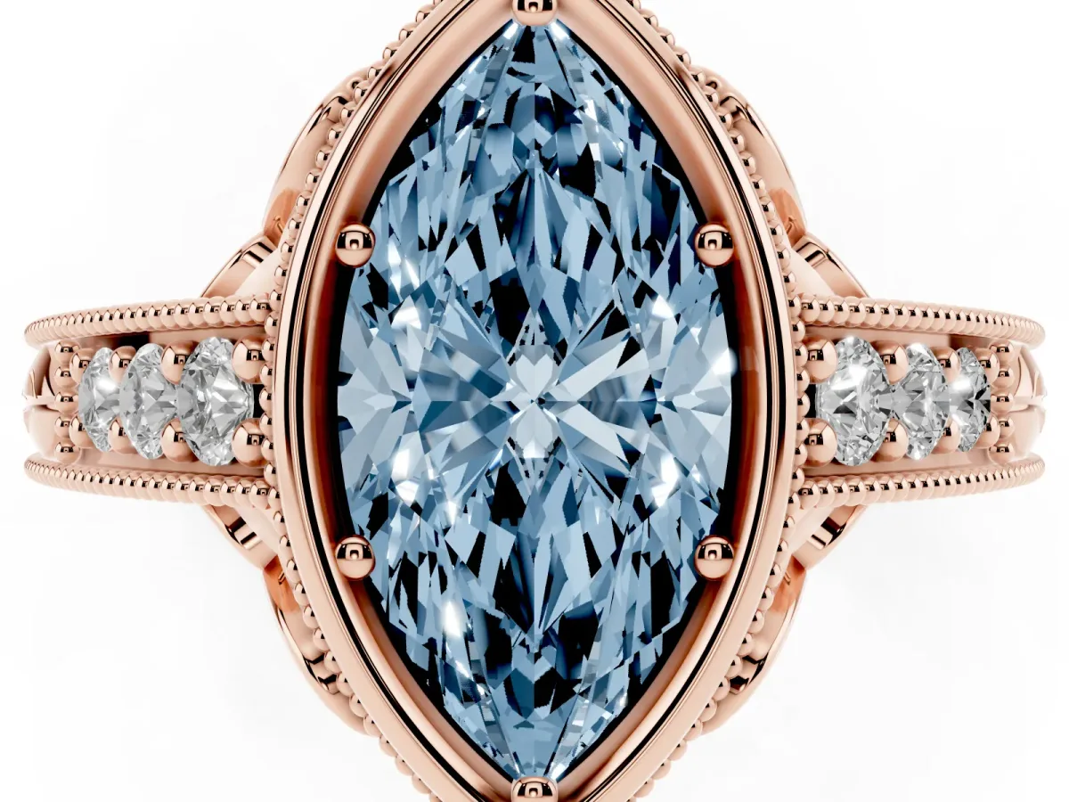 Fancy Blue Bezel Set Marquise Cut Diamond Milgrain Pave Engagement Ring Rose gold