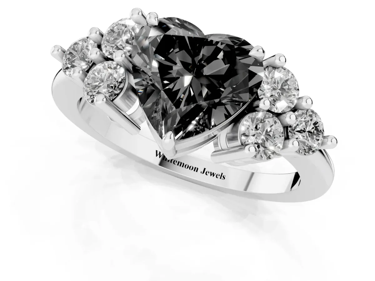 Fancy Black Heart Cut Brilliant Diamond Cluster Accent Solitaire Ring with Prong Setting Platinum