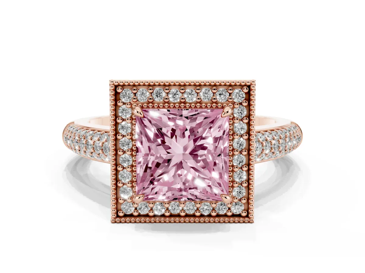 Fancy Pink Princess Cut Cut Halo Diamond Pave Band with Four-Prong Setting Rose gold