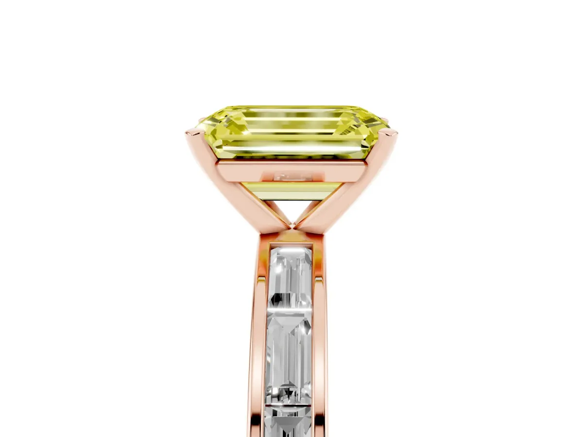Fancy Yellow Emerald Cut Solitaire Diamond Ring with Channel-Set Baguette Band and Four-Prong Setting Rose gold