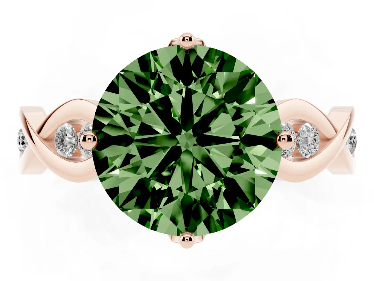 Fancy Green Round Cut Solitaire Twist Band with Leaf Prong Setting Rose gold