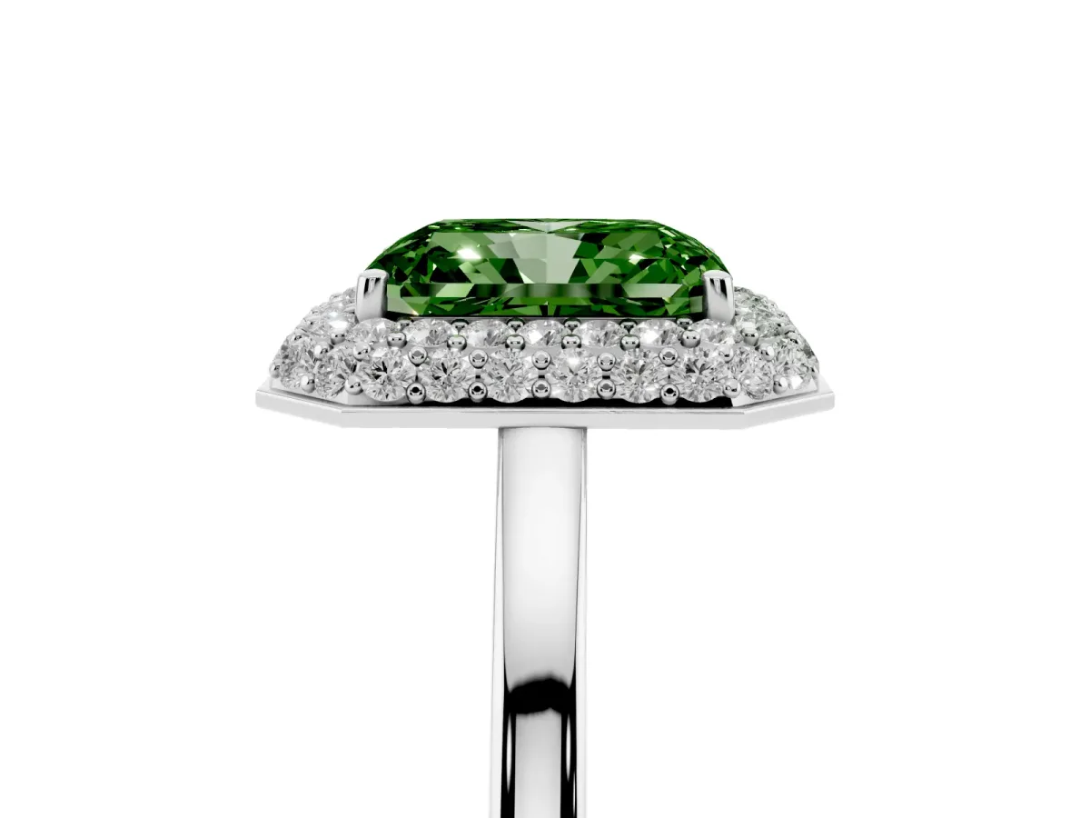 Fancy Green Radiant Cut Halo Diamond Engagement Ring with Solitaire Band and Four-Prong Setting Silver