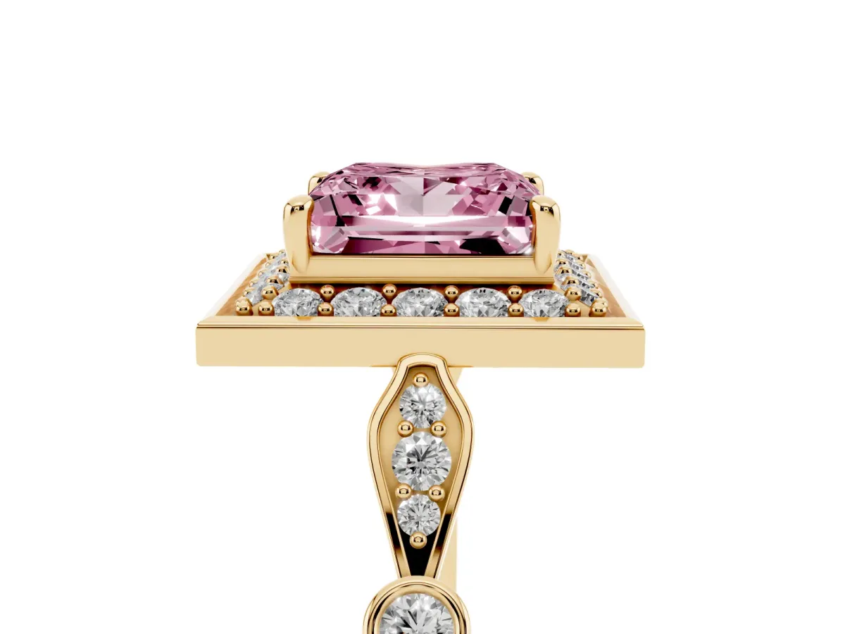 Fancy Pink Princess Cut Halo Diamond Engagement Ring with Twisted Band and Four-Prong Setting Yellow gold
