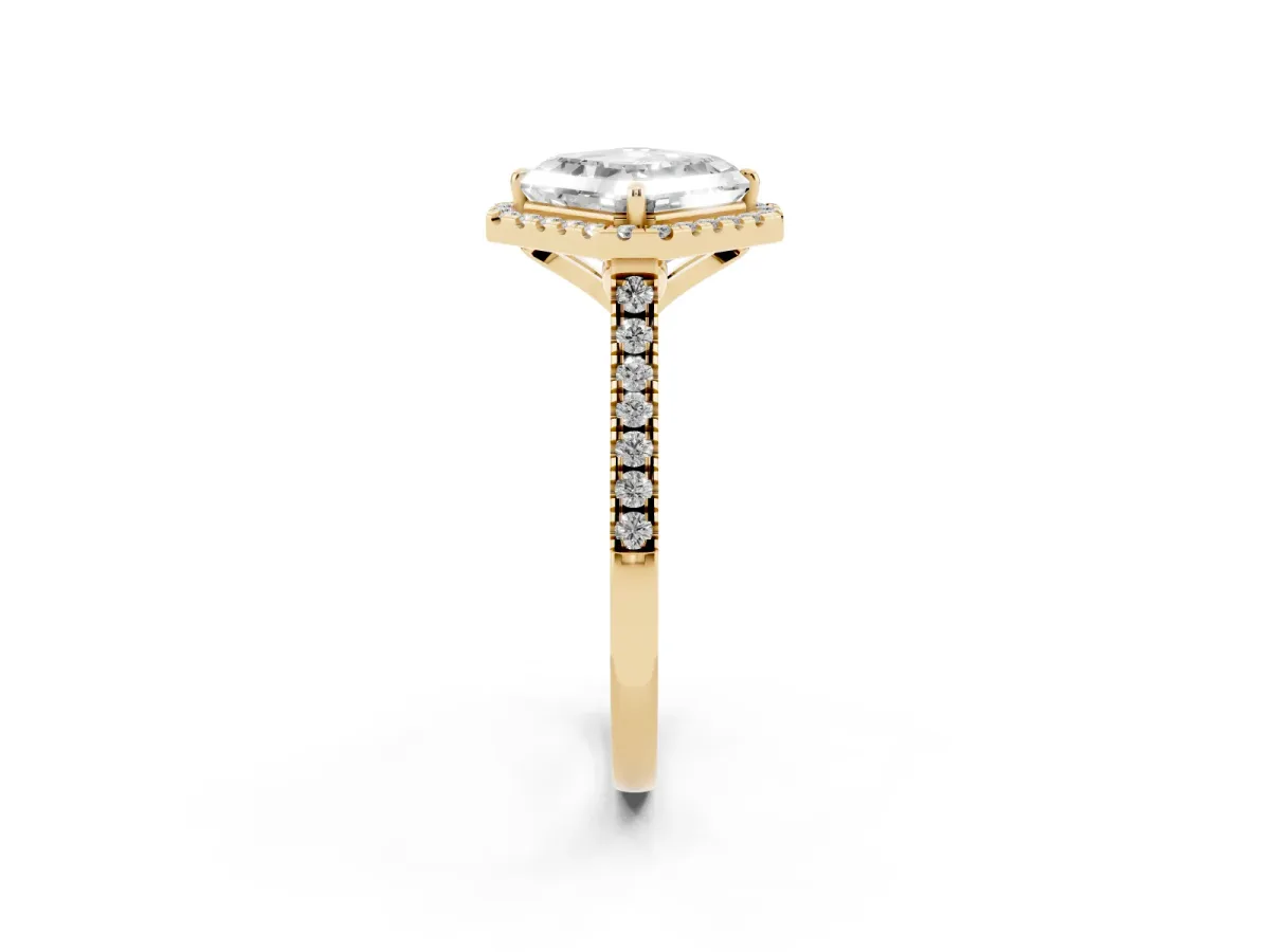 Asscher Cut Diamond Cushion Halo Ring with Pavé Band Yellow gold