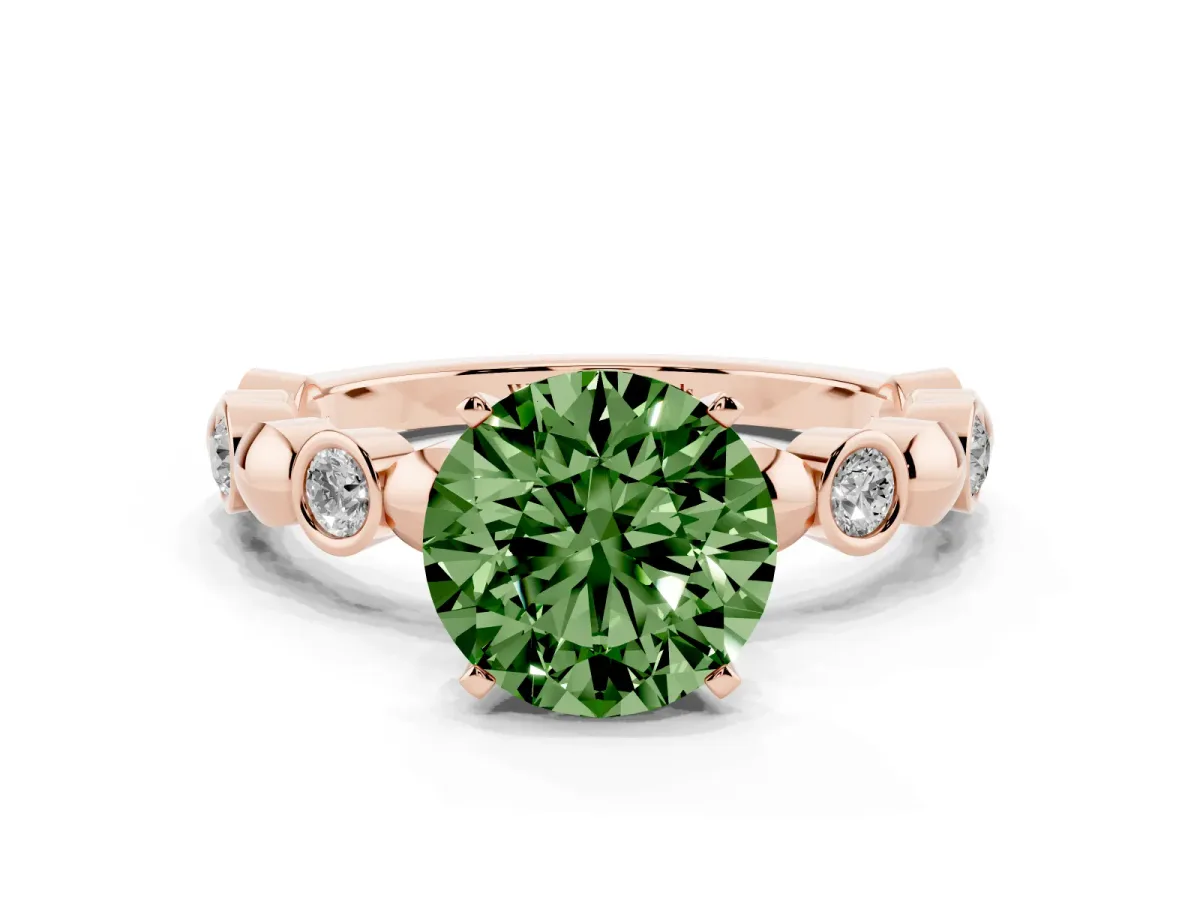 Fancy Green Round Cut Solitaire Bezel-Set Diamond Ring with Beaded Band and Four-Prong Setting Rose gold
