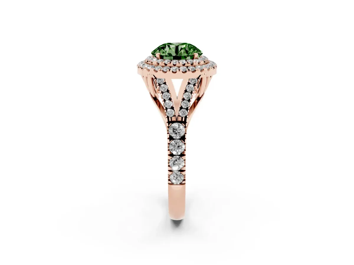 Fancy Green Double Halo Round Cut Diamond Split Shank Engagement Ring with Four-Prong Setting Rose gold