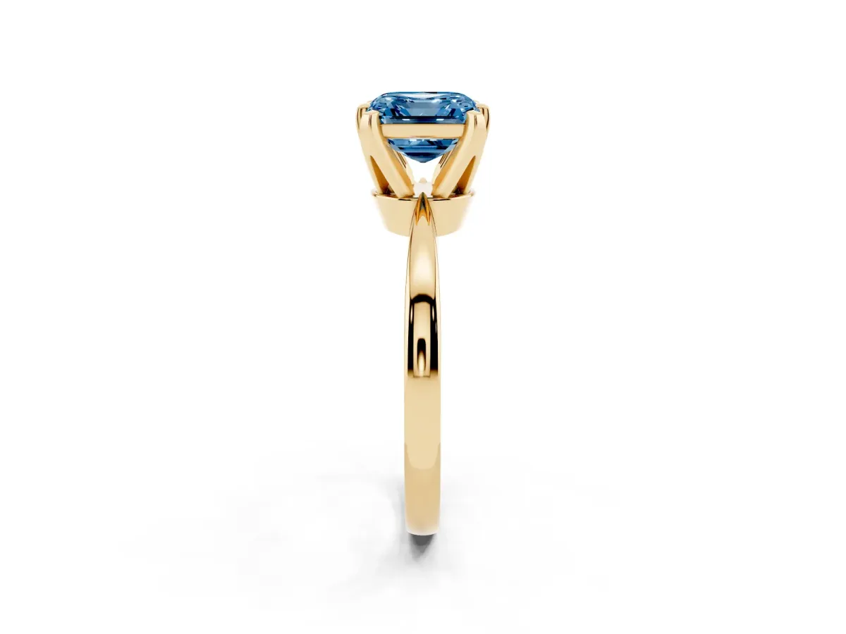 Fancy Blue Asscher Cut Solitaire Engagement Ring with Six-Prong Setting and Tapered Band Yellow gold