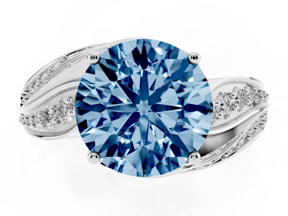 Fancy Blue Round Cut Diamond Solitaire Ring with Prong Setting and Twisted Pavé Band Silver