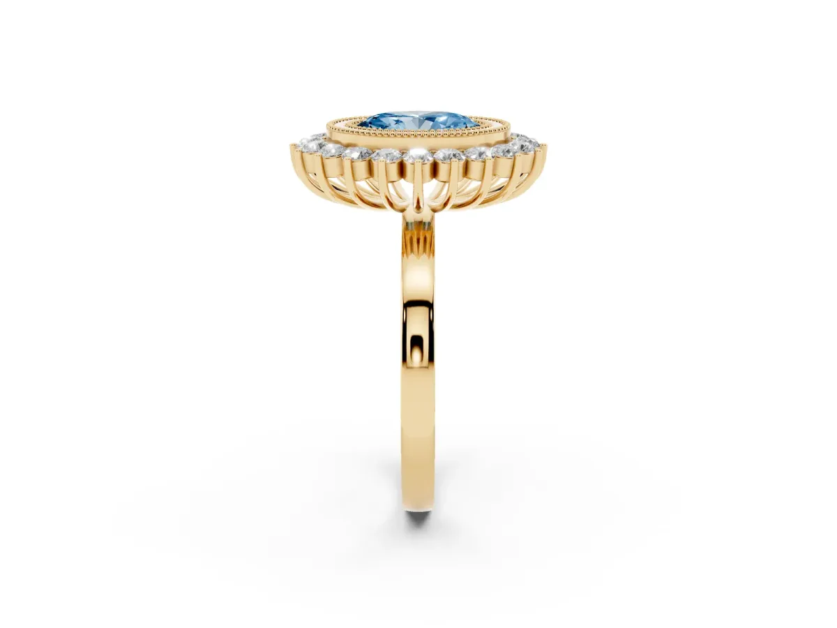 Fancy Blue Oval Cut Halo Diamond Ring with Milgrain Edge and Round Prong Setting Yellow gold