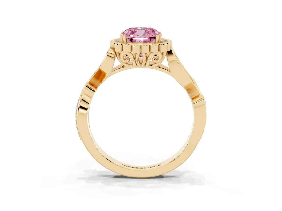 Fancy Pink Cushion Cut Diamond Halo Ring with Vintage Split Shank and Four-Prong Setting Yellow gold