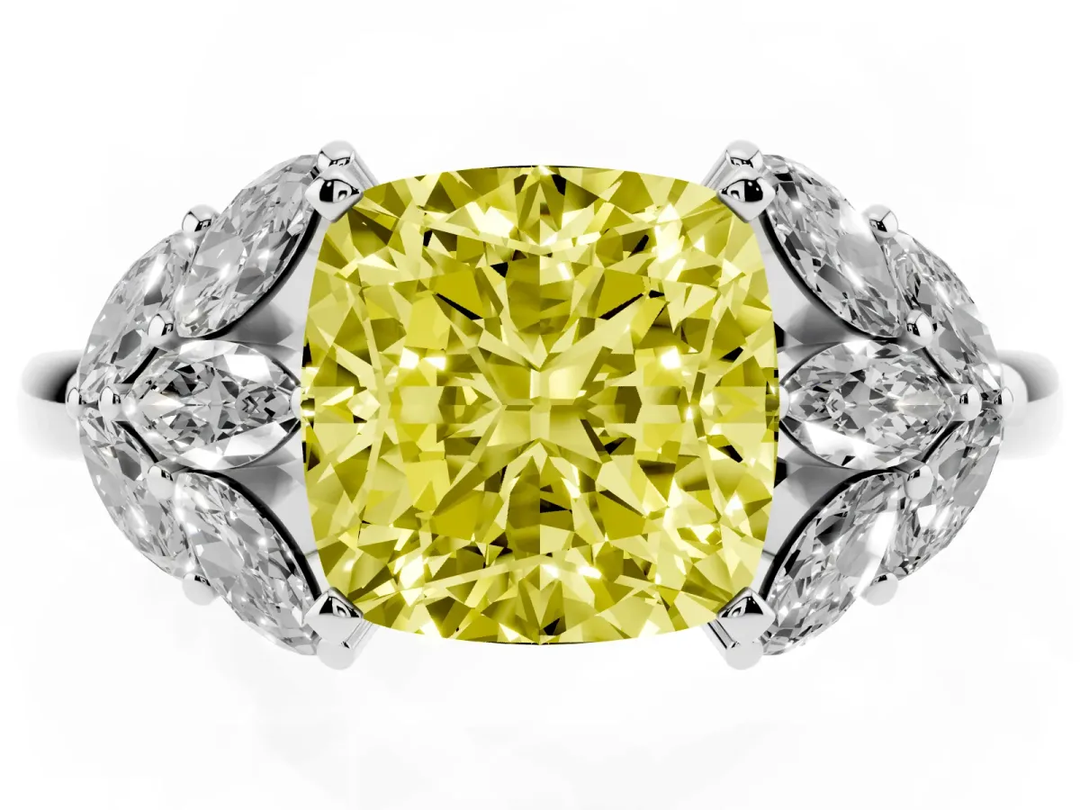 Fancy Yellow Cushion Cut Diamond Cluster Leaf Design Ring with Prong Setting Silver