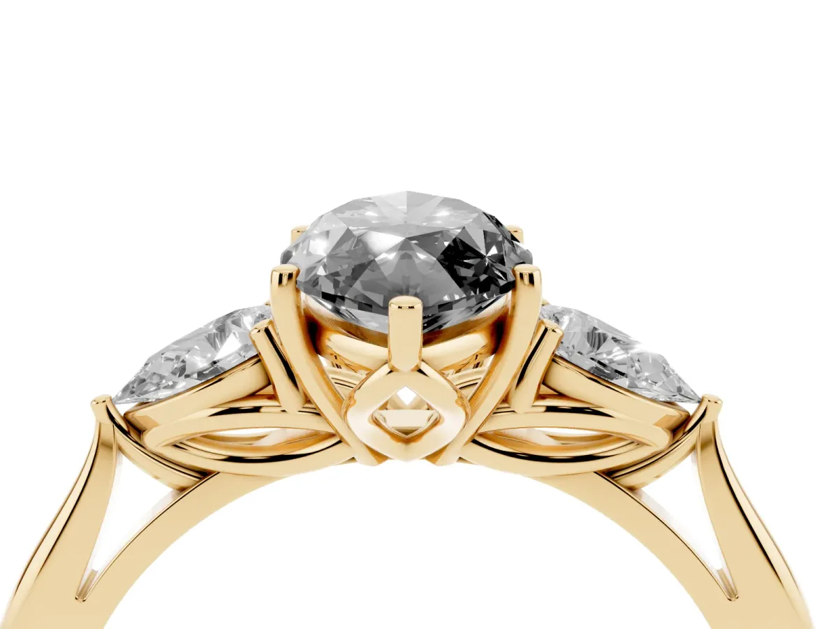 Fancy Black Marquise Cut Diamond Three-Stone Ring with Pear Side Stones and Prong Setting Yellow gold