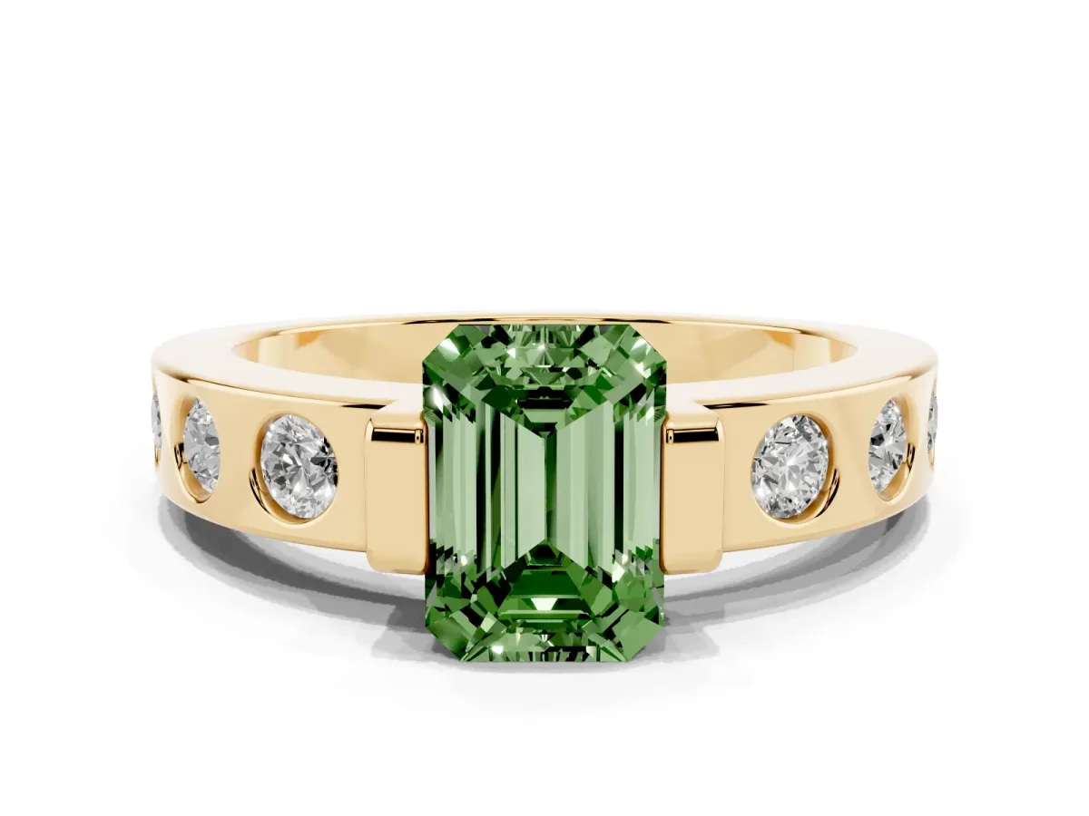 Fancy Green Emerald Cut Brilliant Channel-Set Diamond Ring with Bezel Prong Setting Yellow gold
