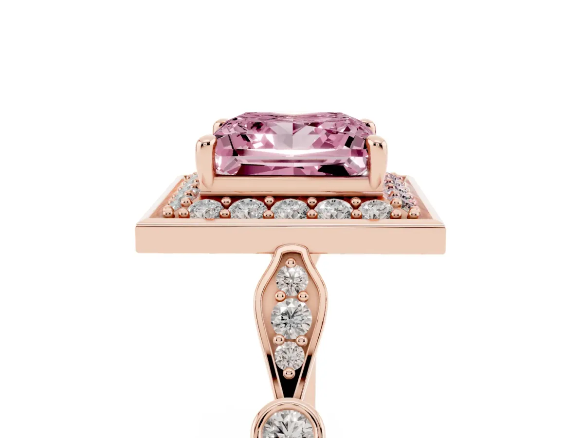 Fancy Pink Princess Cut Halo Diamond Engagement Ring with Twisted Band and Four-Prong Setting Rose gold