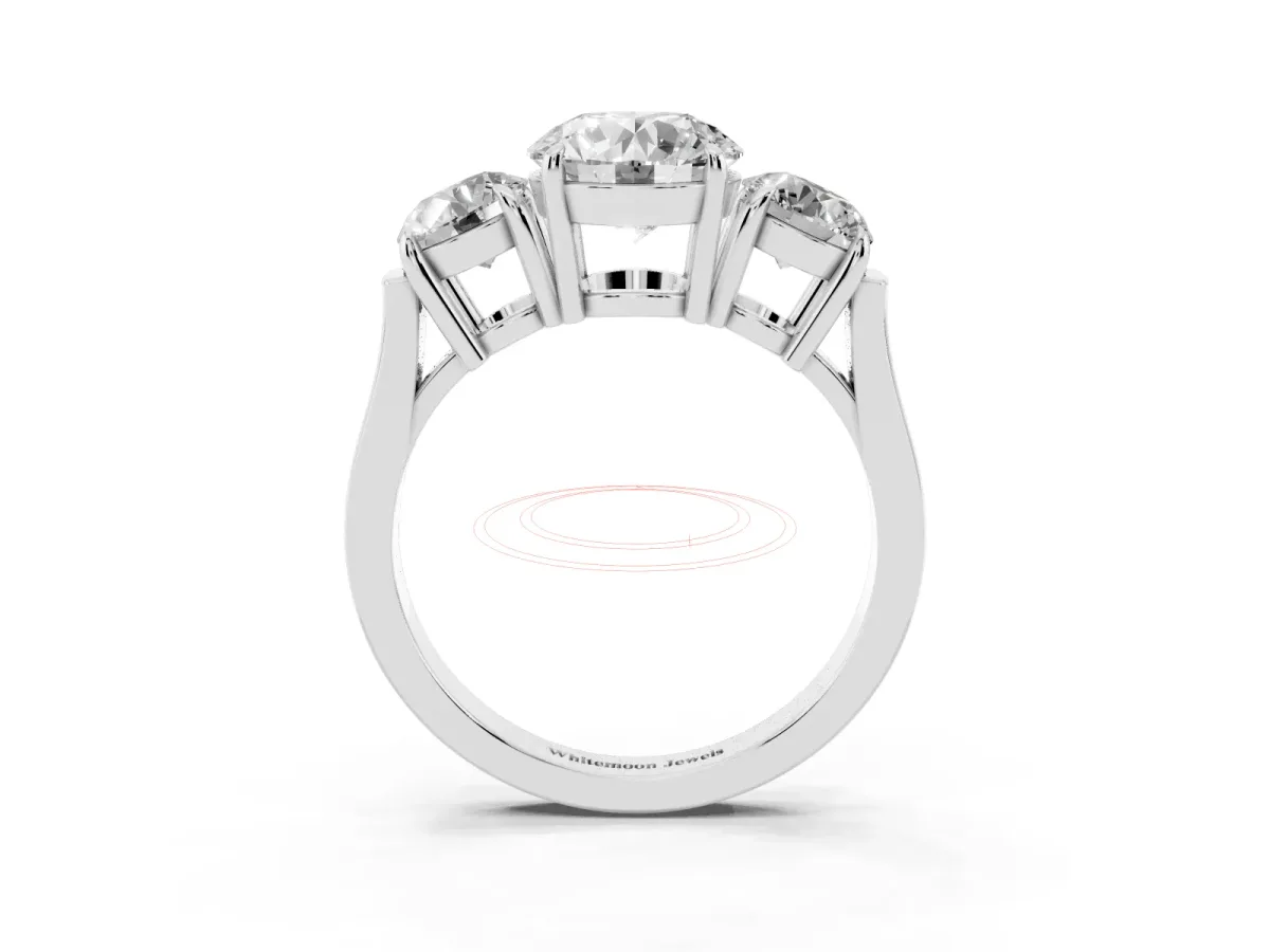 Three-Stone Round Cut Cut Diamond Ring with Round Accent Stones, Prong Setting, and Classic Band Silver