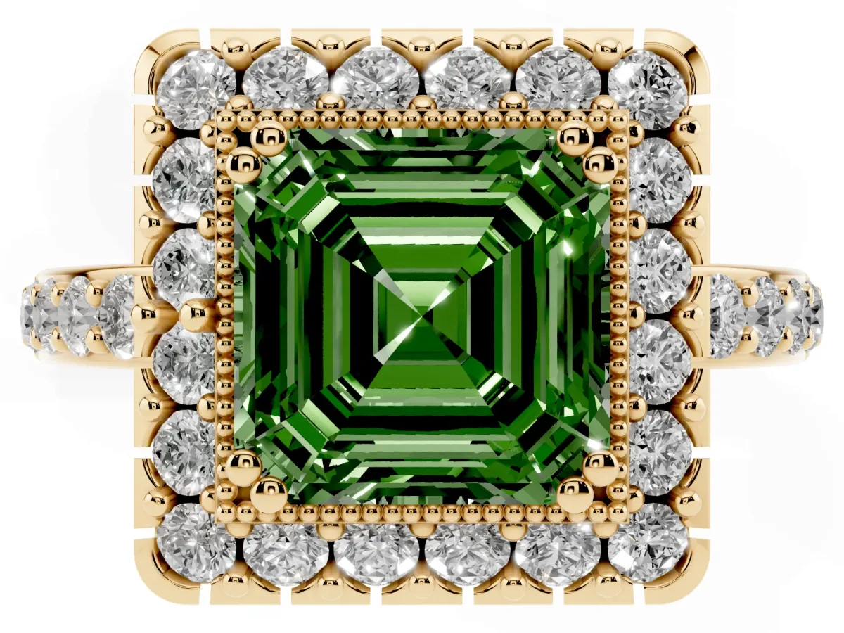 Fancy Green Asscher Cut Diamond Halo Ring with Pavé Band and Prong Setting Yellow gold