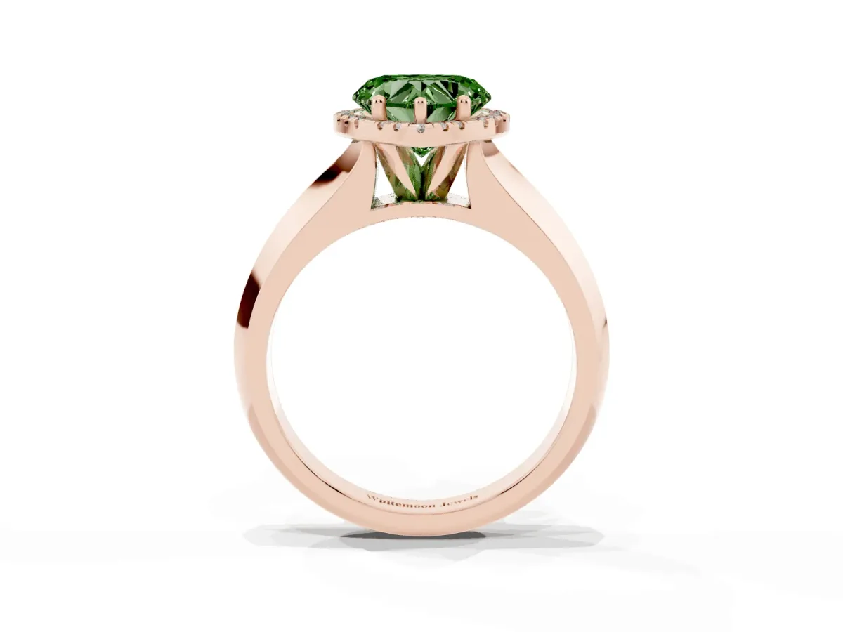 Fancy Green Heart Cut Halo Diamond Ring with Cathedral Band and Four-Prong Setting Rose gold