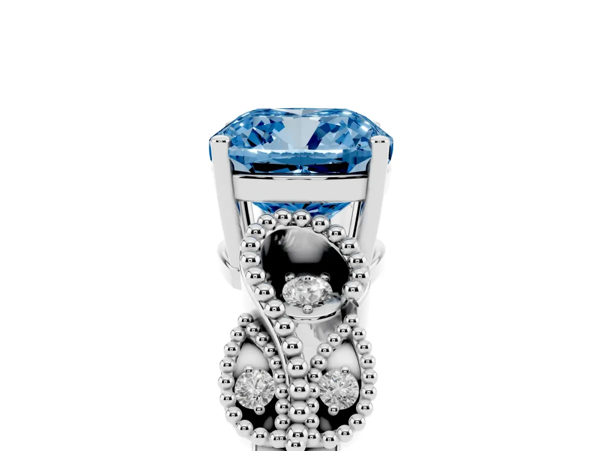 Fancy Blue Cushion Cut Solitaire Milgrain Leaf Band with Prong Setting Silver