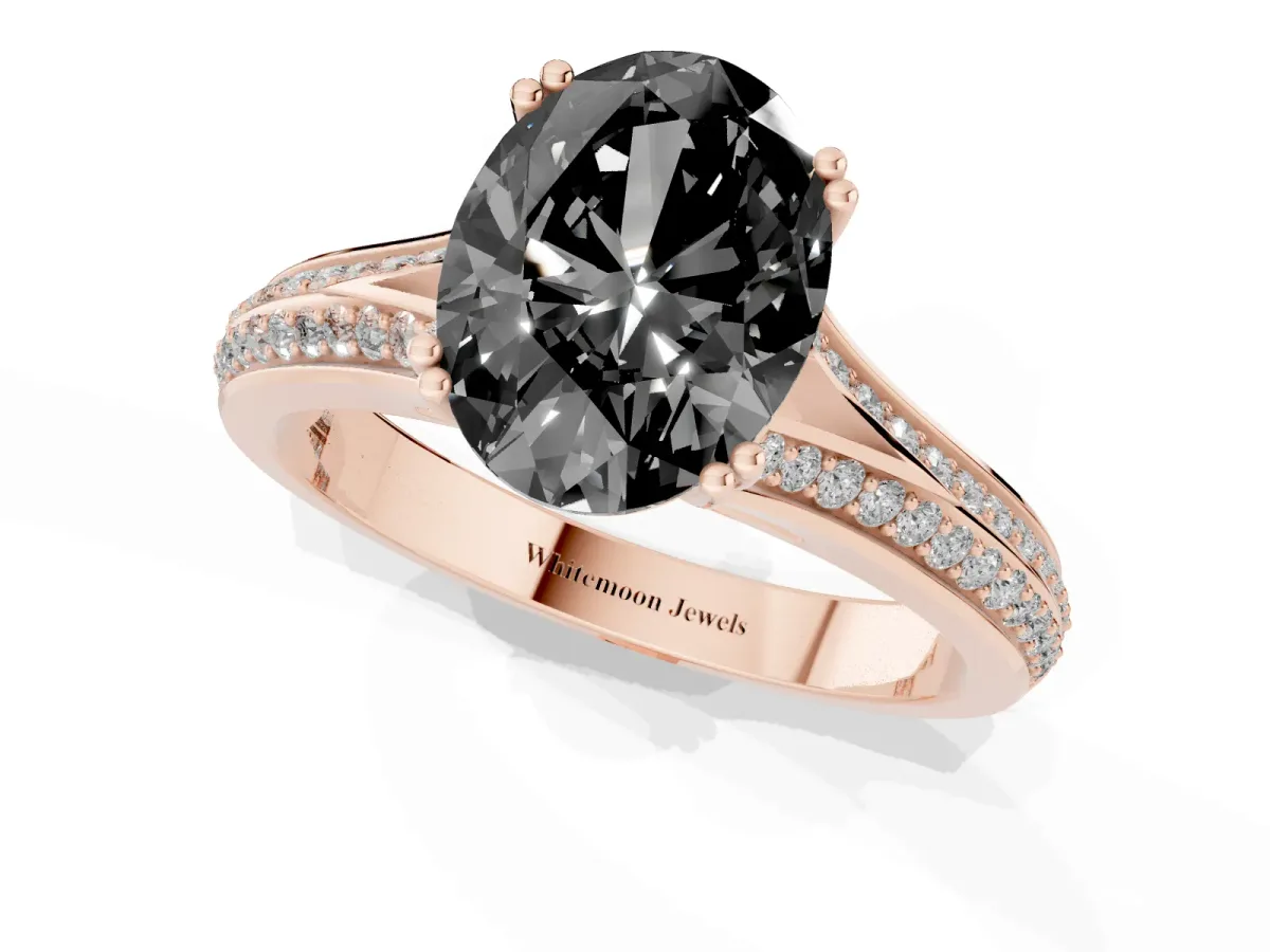 Fancy Black Oval Cut Diamond Split Shank Engagement Ring with Pavé Band Rose gold