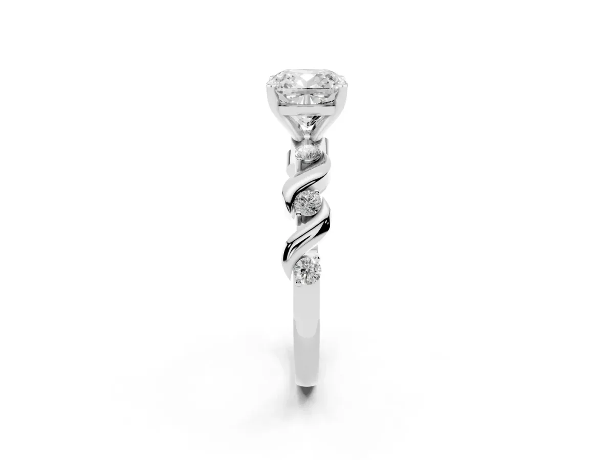 Cushion Cut Diamond Solitaire Twisted Band with Round Accents and Prong Setting White gold