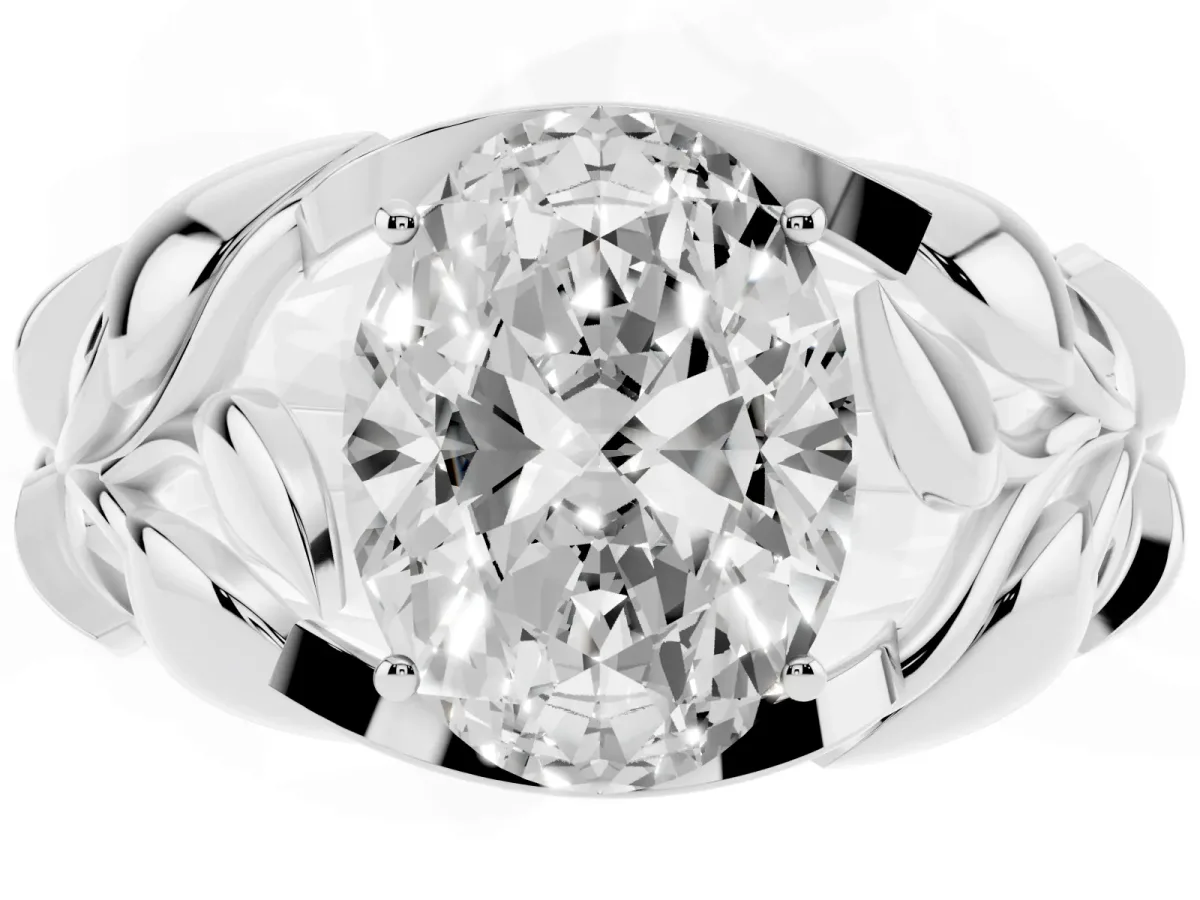 Oval Cut Diamond Leaf-Inspired Engagement Ring with Round Accents and Prong Setting Silver