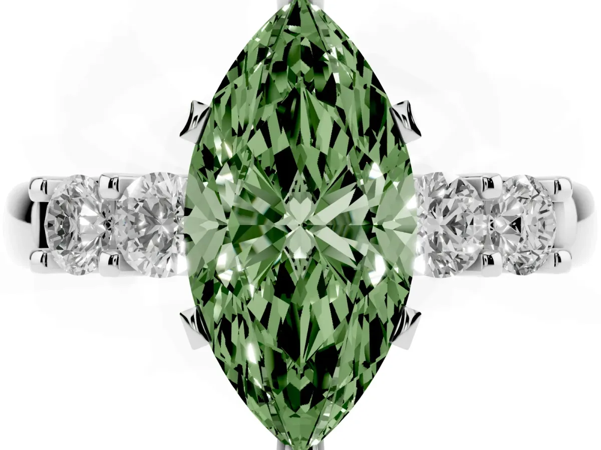 Fancy Green Marquise Cut Brilliant Cut Diamond Five-Stone Prong Set Engagement Ring with Channel Band White gold