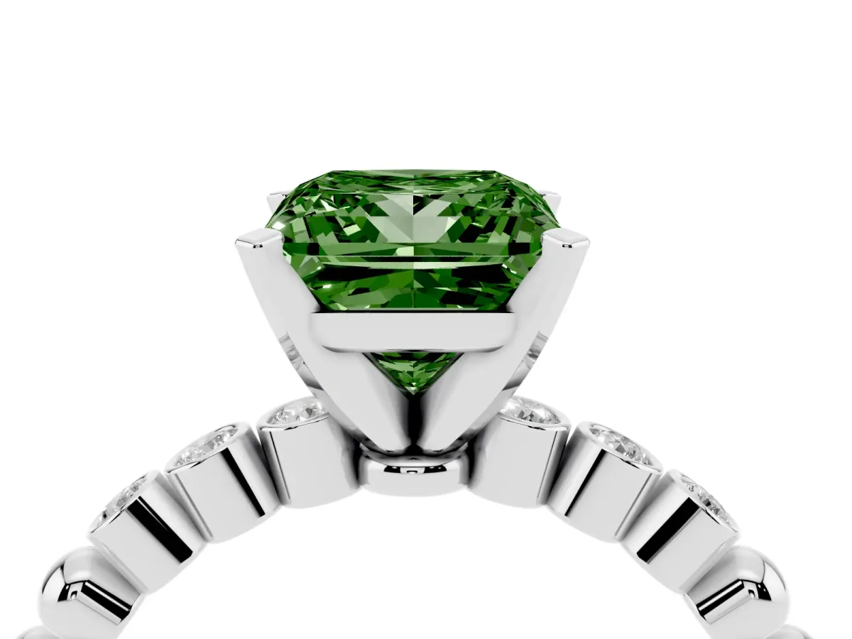 Fancy Green Princess Cut Solitaire Bezel Accent Diamond Engagement Ring with Beaded Band and Four-Prong Setting Platinum