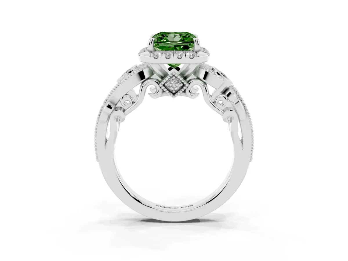 Fancy Green Princess Cut Diamond Halo Ring with Milgrain Pavé Band and Four-Prong Setting Silver