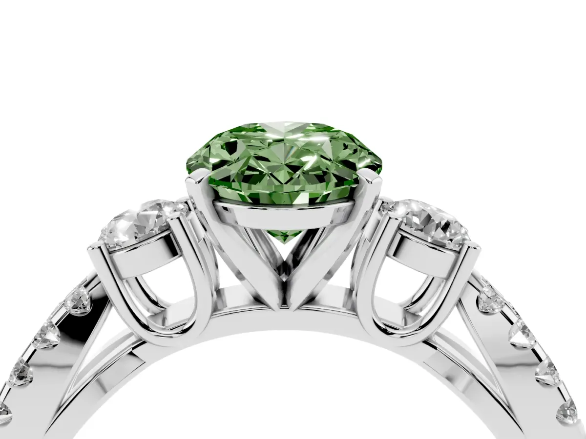 Fancy Green Oval Cut Diamond Three-Stone Ring with Pavé Split Shank and Four-Prong Setting Silver