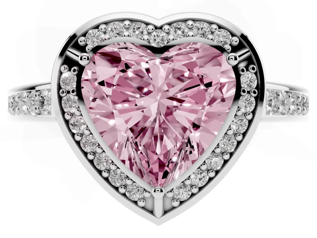 Fancy Pink Heart Cut Cut Halo Pave Split Shank Prong Setting Ring Silver