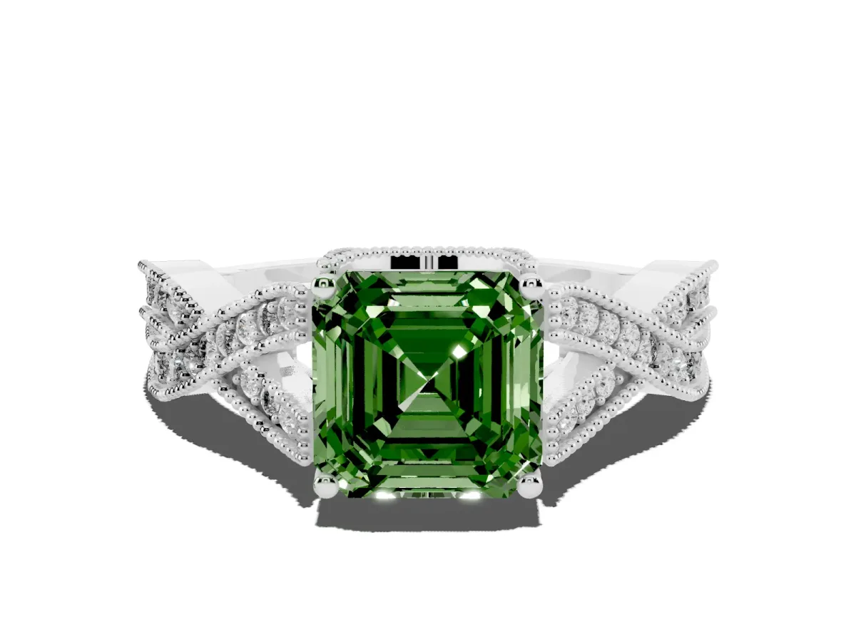 Fancy Green Asscher Cut Cut Diamond Twisted Band with Milgrain Pave Setting and Four-Prong Setting Platinum