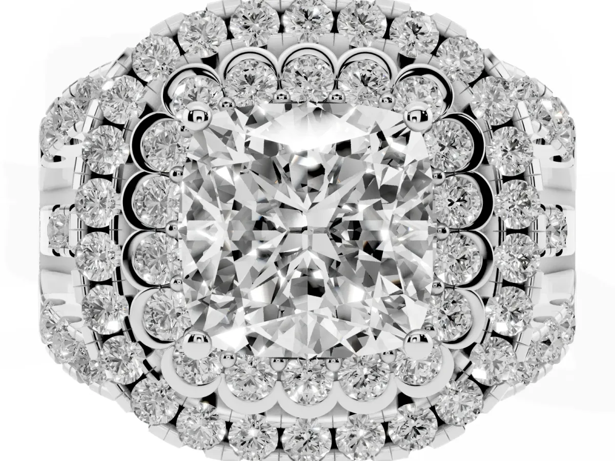 Cushion Cut Diamond Double Halo Ring with Round Pavé Split Shank and Prong Setting Silver