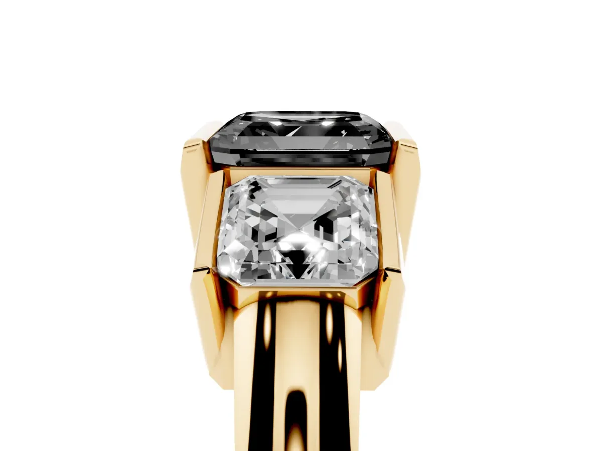 Fancy Black Three Stone Asscher Cut Cut Channel Set Diamond Ring Yellow gold