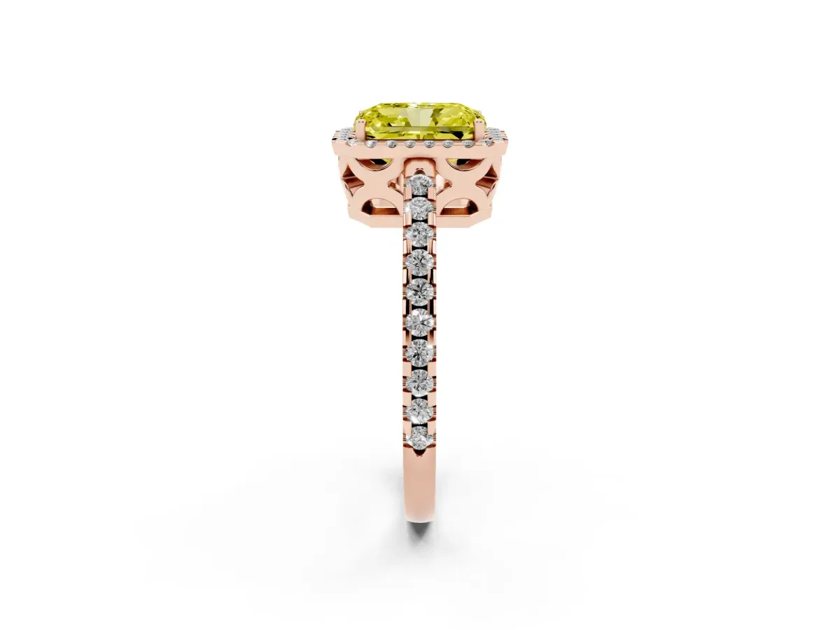 Fancy Yellow Radiant Cut Diamond Halo Engagement Ring with Pavé Band and Prong Setting Rose gold