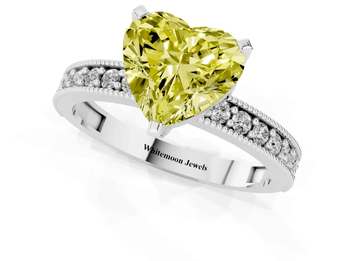 Fancy Yellow Heart Cut Diamond Milgrain Pavé Engagement Ring with Four-Prong Setting Silver