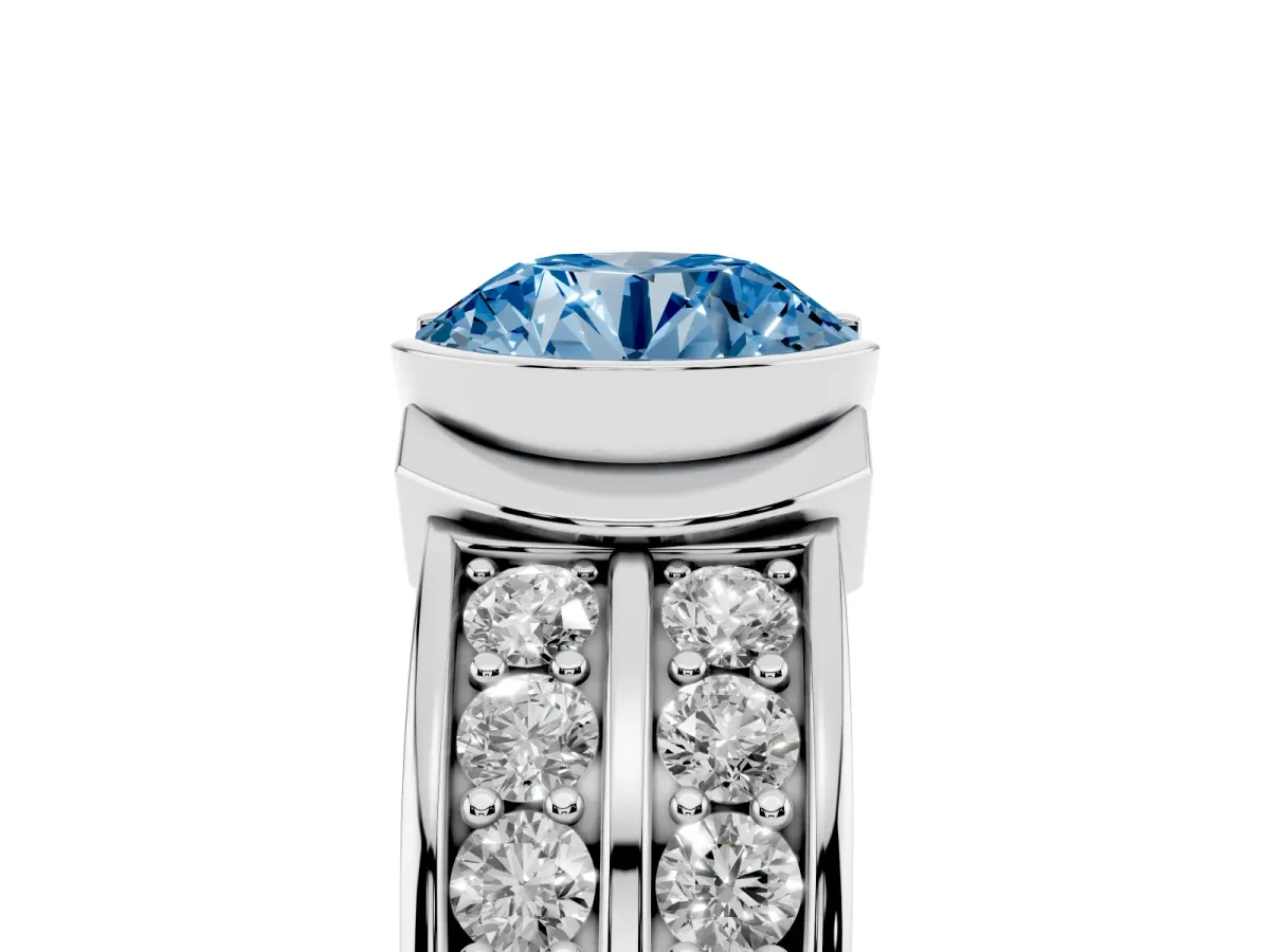 Fancy Blue Round Cut Brilliant Diamond Channel Set Wide Band Ring with Bezel Setting Platinum