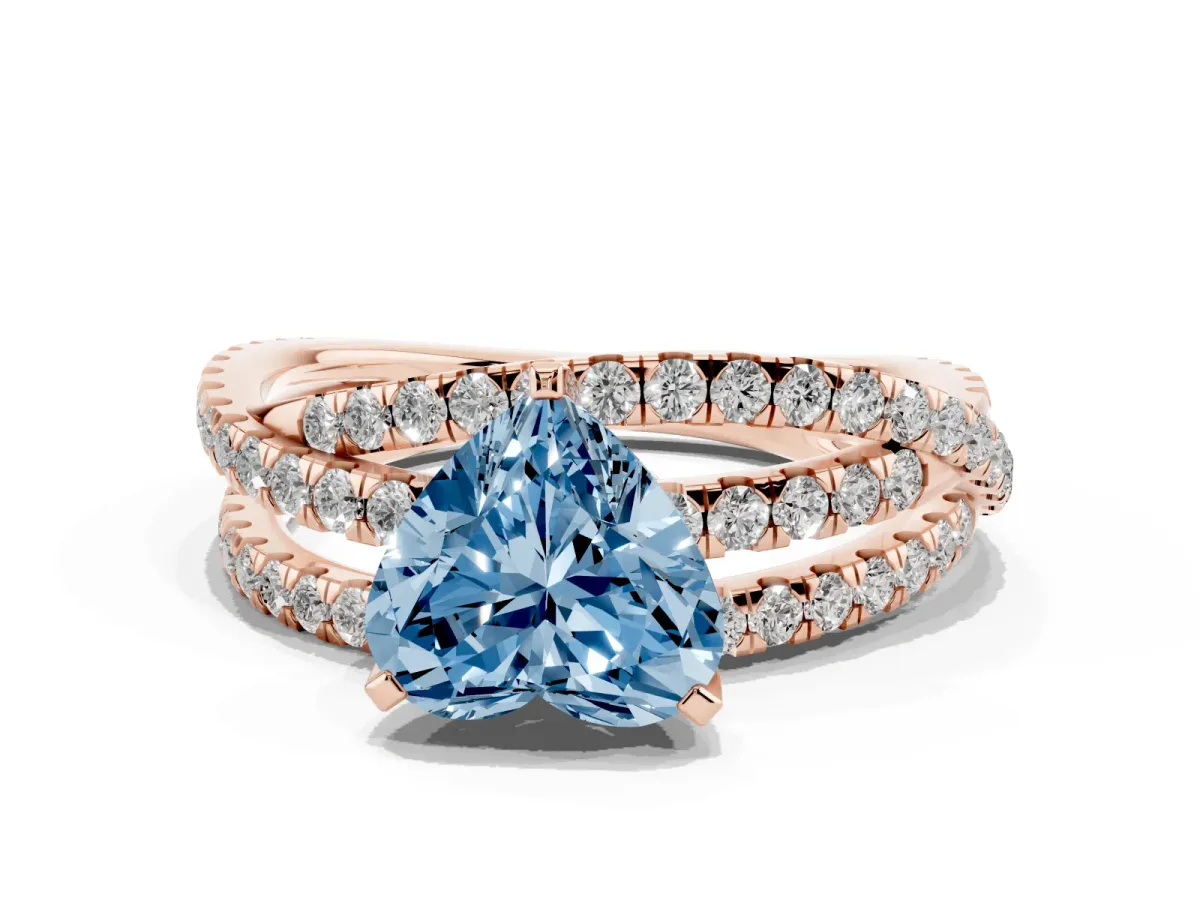 Fancy Blue Heart Cut Solitaire Twist Band with Pavé Setting and Four-Prong Setting Rose gold