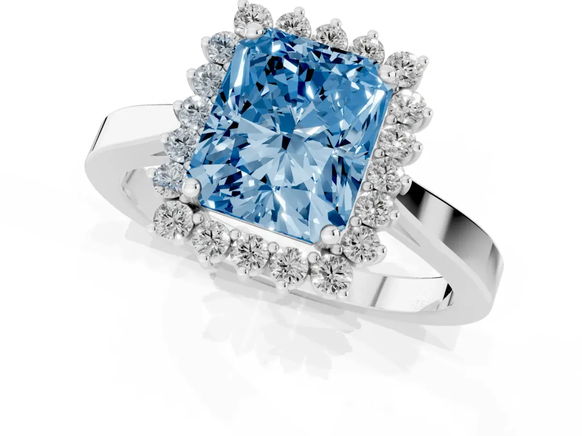 Fancy Blue Radiant Cut Cut Diamond Halo Ring with Round Brilliant Halo and Solitaire Band Silver