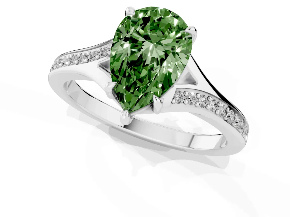 Fancy Green Pear Cut Diamond Solitaire Ring with Pavé Band and Prong Setting Silver