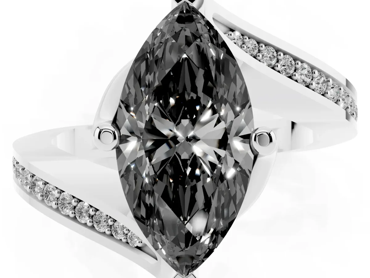 Fancy Black Marquise Cut Solitaire Diamond Twist Band with Pavé Setting and Four-Prong Setting Platinum